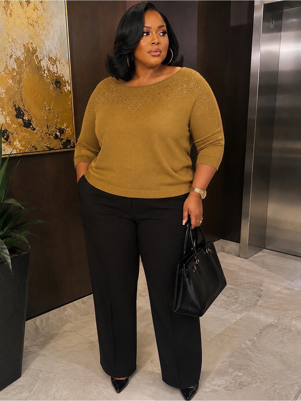 89th & Madison Mustard Studded Knit Sweater